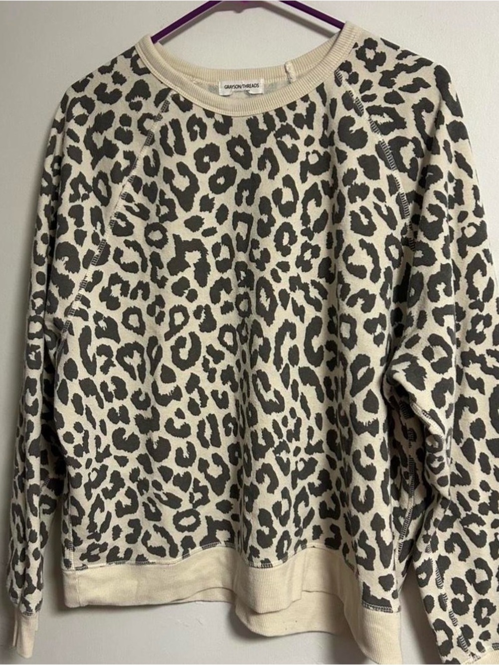 Grayson Threads Beige and Gray Leopard Crewneck Sweater